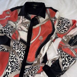 Chic Chain & Leopard Print Button-Up Blouse - Black, Red, Cream